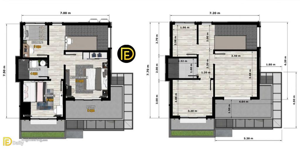 52SQ.M. Two-Storey House Design Plans 7m x 7.5m With 4 Bedrooms - Daily