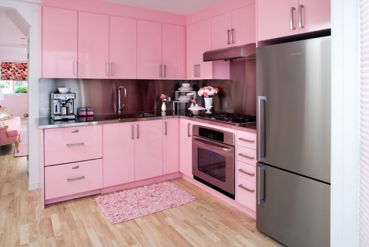 White Kitchen With Pink And Purple Appliances