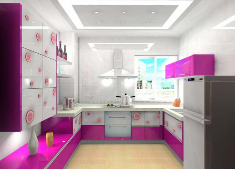 White Kitchen With Pink And Purple Appliances