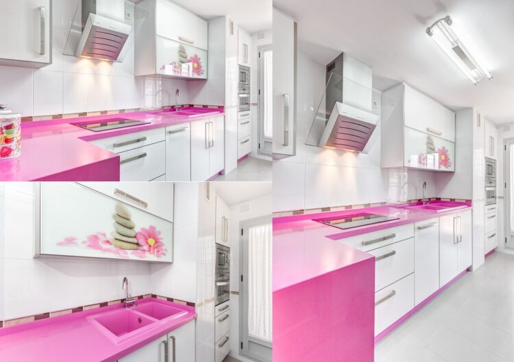 White Kitchen With Pink And Purple Appliances