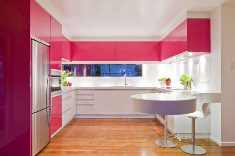 White Kitchen With Pink And Purple Appliances