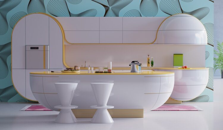 White Kitchen With Pink And Purple Appliances