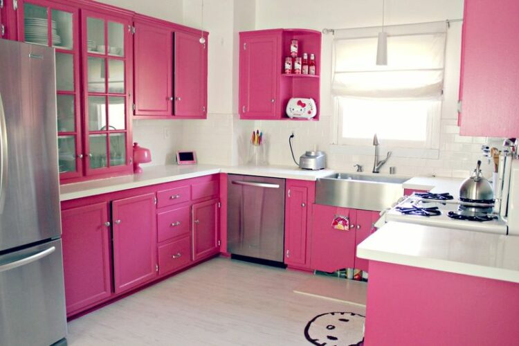 White Kitchen With Pink And Purple Appliances